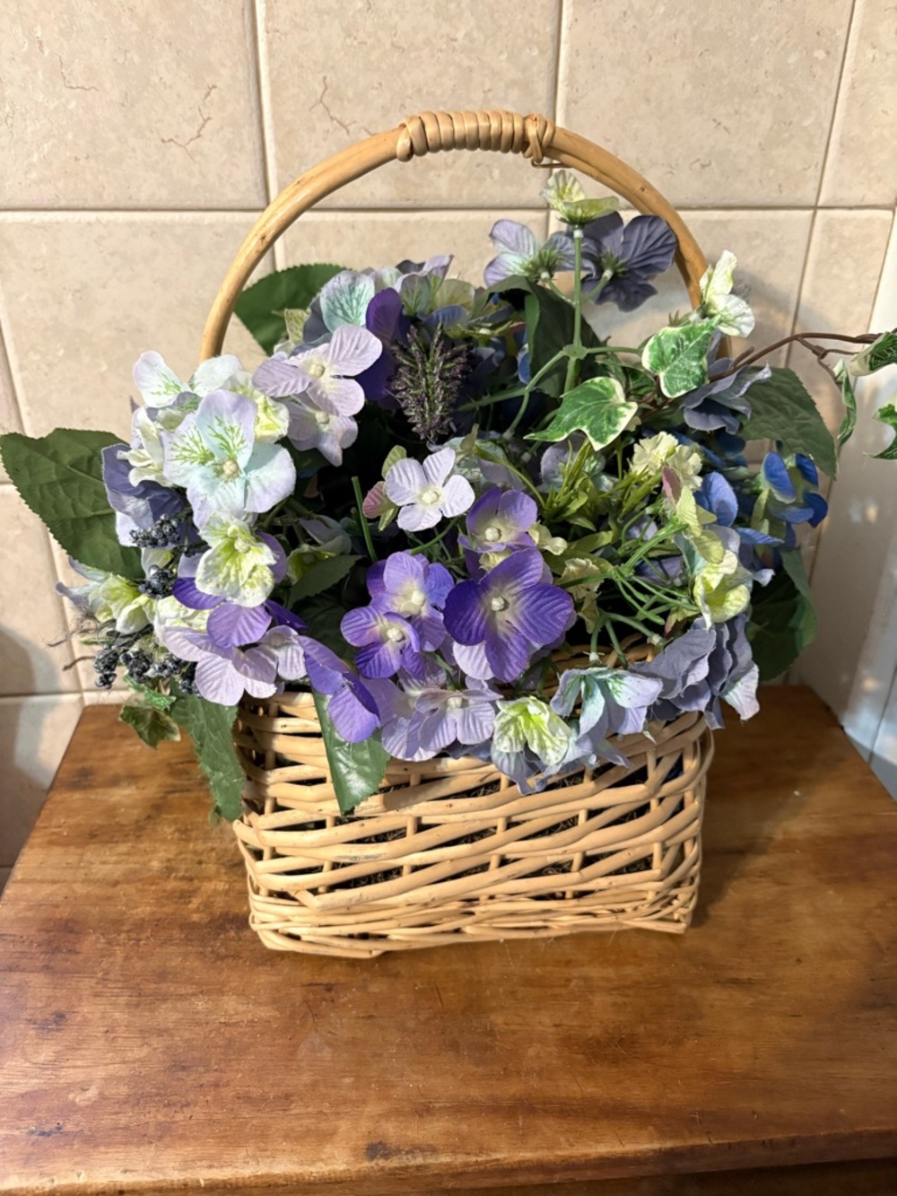 Vintage Wicker Basket With Silk Flower Bouquet